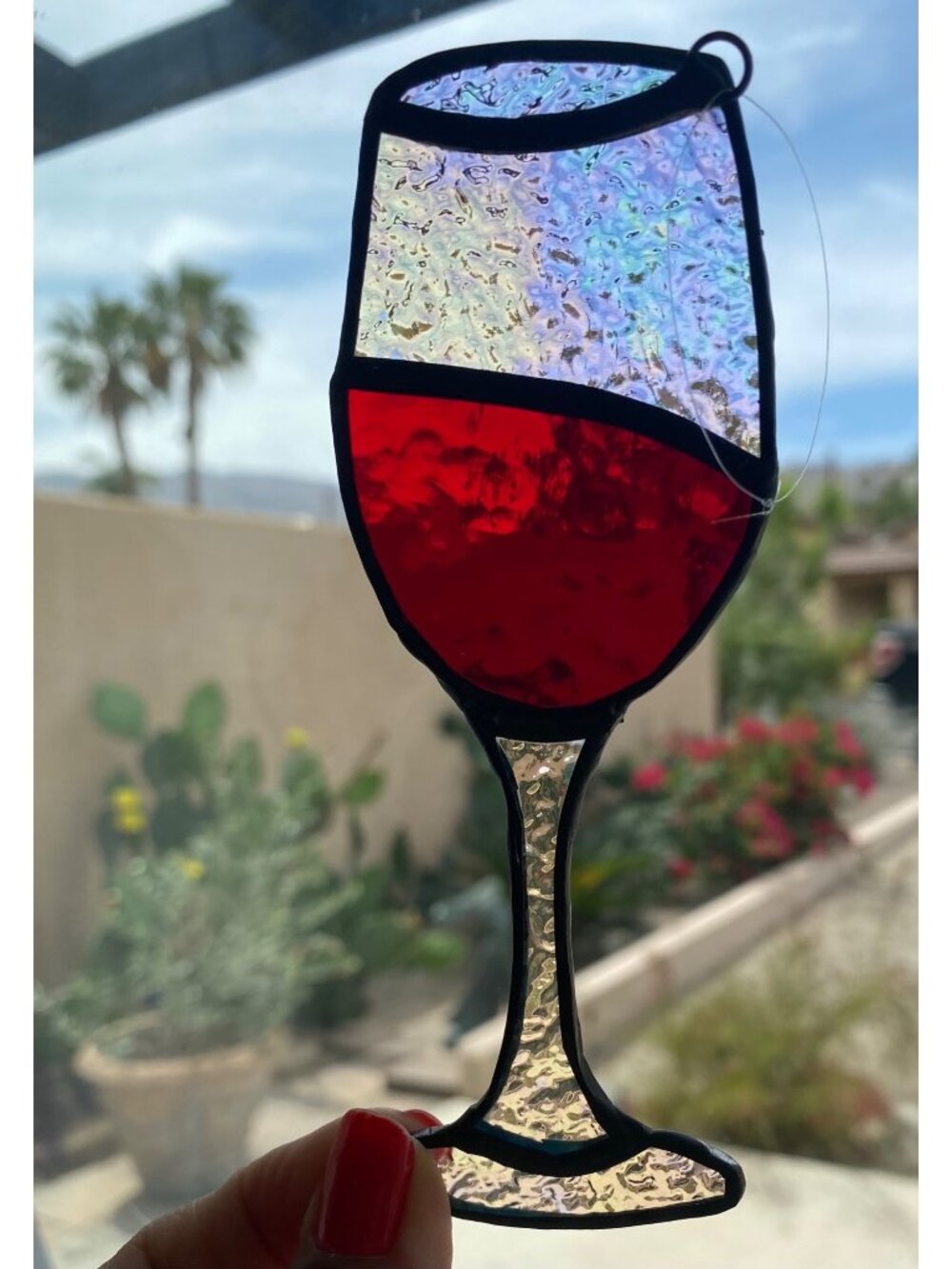 Stained Glass Wine Glass Suncatcher  Handmade Iridescent & Red Glass Hanging Dec